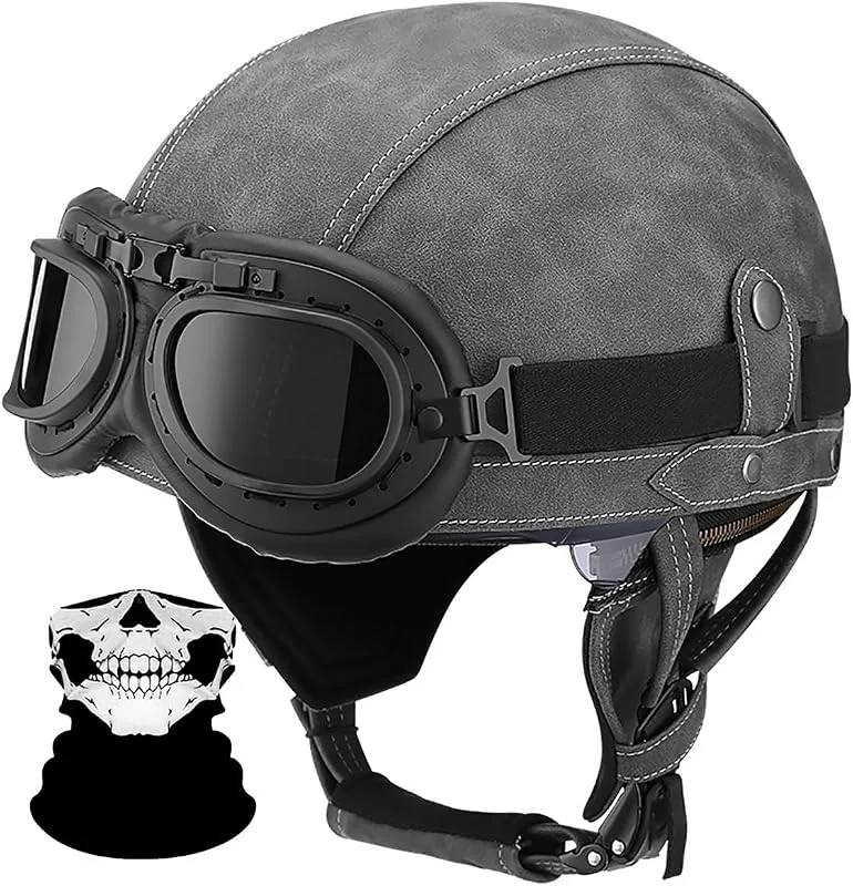 Casque Moto Jet Cuir Vintage Homologué ECE, Rétro Demi Ouvert avec Lunettes Masque Doublure Lavable pour Cruiser Cafe Racer Femme — Equipement ski