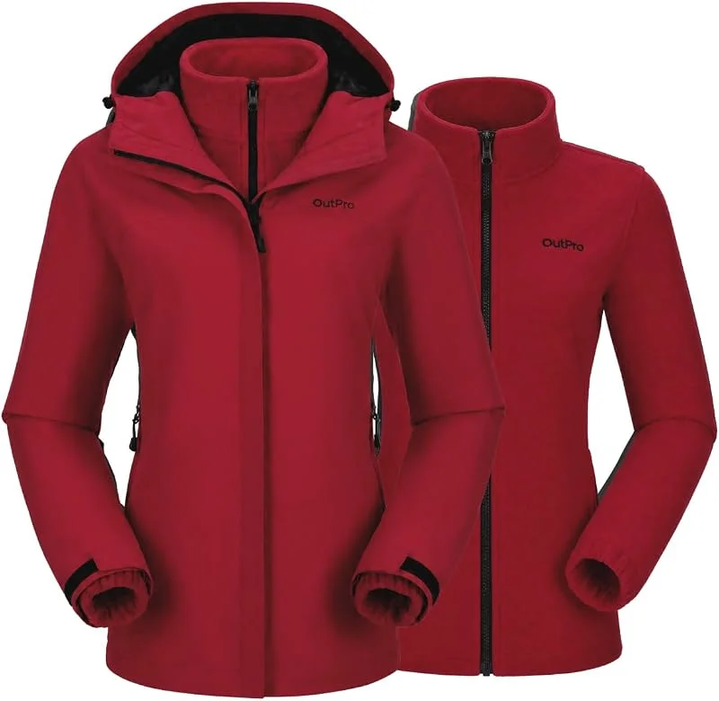 OutPro Veste de ski 3 en 1 pour femme - Imperméable - Coupe-vent - Veste d'hiver - Randonnée - Avec doublure en polaire - Double couche - Amovible - Veste fonctionnelle à capuche — Vetements ski