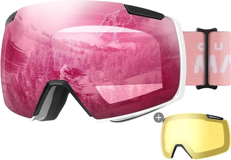 OutdoorMaster Heron Lunettes de ski à 2 verres, sans monture, interchangeables magnétiquement HD Toric Lens, lunettes de snowboard OTG pour hommes & femmes, 100% protection UV Snow Goggles — Equipement ski