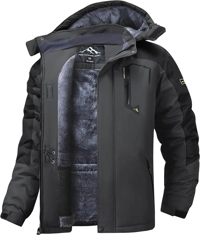 Tansozer Homme Veste de Ski d'Hiver Coupe-Vent et Imperméable Manteaux avec Capuche Amovible (Gris Foncé-Noir, M) — Vetements ski