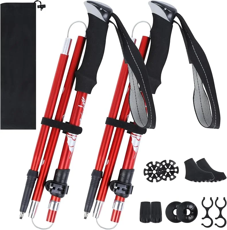 VINATO Bâtons de Randonnée Télescopiques, 2 Paire, Bâtons de Marche Nordic Léger en Alliage, avec Sac de Transport & Accessoires, pour Trekking, Randonnée, Noir — Equipement ski