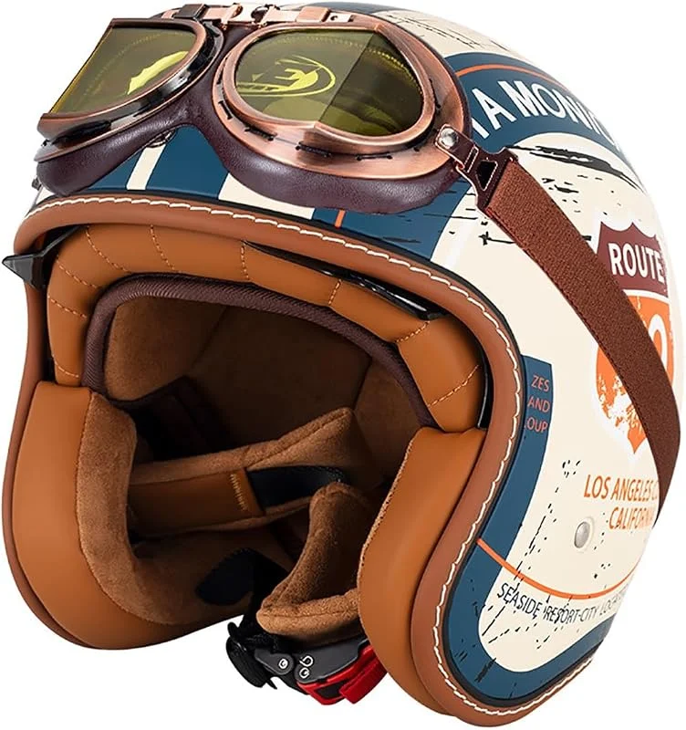 Retro Casque Jet Vintage À Visage Ouvert, Bol Scooter 3, 4 avec Lunettes Intégrées Protection for Homme Et Femme De Cyclomoteur Homologué ECE — Equipement ski