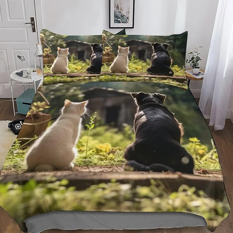 Animal Chat Impression Parures De Lit pour Enfants Adultes Housse De Couette Polyester Microfibre Coton 3 Pièces Housse De Couette Et Taies D’Oreillers Double (200x200cm) — Equipement ski