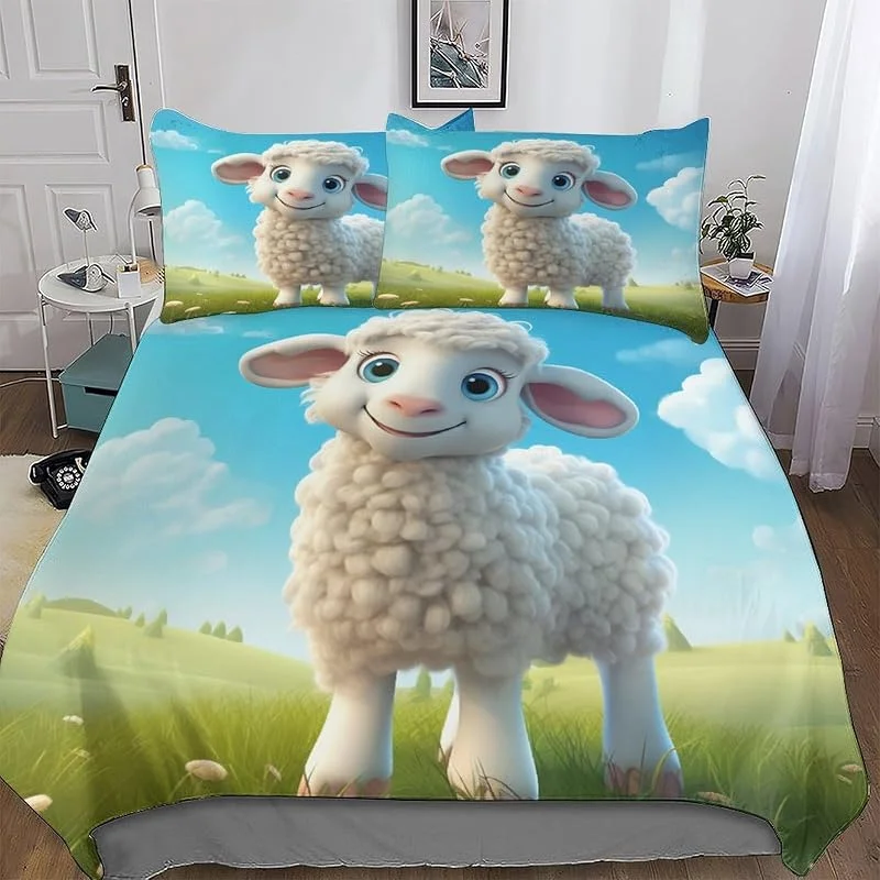 Mouton Mignon Imprimé Housse De Couette Et Taie d'oreiller Et Housse Couette 3 Pièces Parure De Lit Microfibre avec Fermeture Éclair Double (200x200cm) — Equipement ski