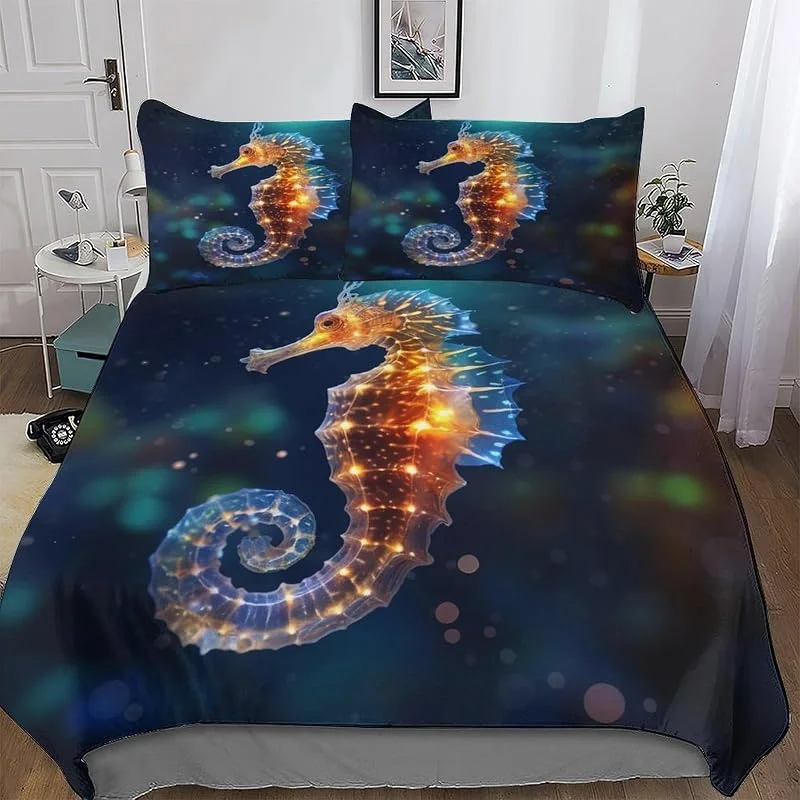 Animal Hippocampe 3 Pièces Parure De Lit Adulte Enfants Housse De Couette avec Taies D'oreillers Housse De Couette Microfibre Douce Double (200x200cm) — Equipement ski