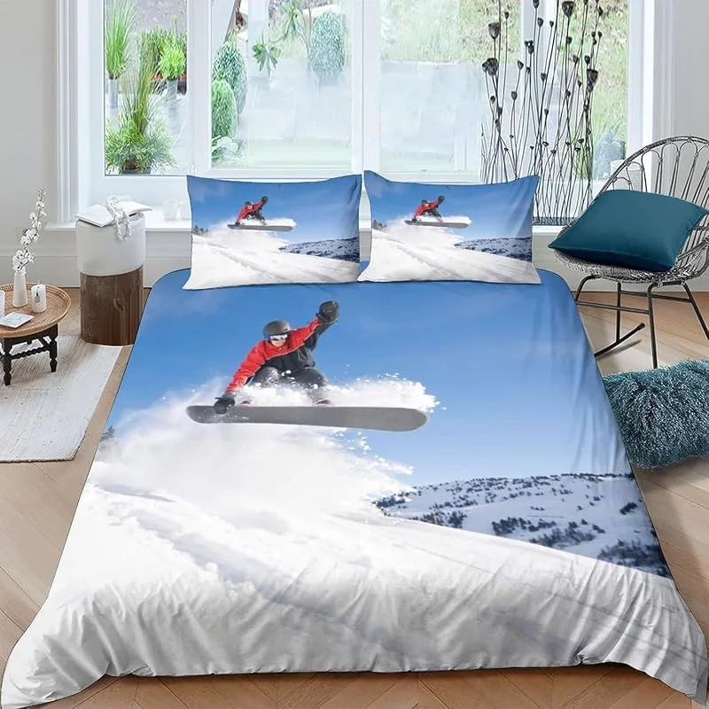 Housse De Couette 230X220 Cm Parure De Lit 1, 2 Personne Microfibre Housse De Couette Ski Sports Extrêmes 3D Imprimé Literie Set 3 Pièces avec Fermeture Éclair - Facile À Entretenir -8950872054030 — Equipement ski