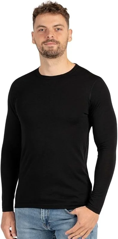 Menique T-shirt léger à manches longues et col rond pour homme 100 % laine mérinos 160 g, m² - Noir - Large — Vetements ski