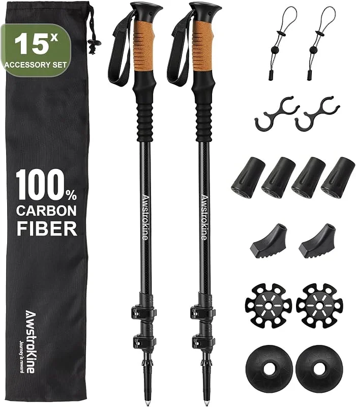 Lot de 2 Bâtons de Randonnée 100% Fibre de Carbone - Trekking Ultra Légers et Robustes avec Fermeture Rapide - Accessoires Tout-Terrain pour Hommes et Femmes — Equipement ski