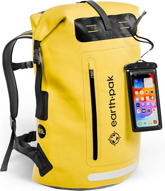 Earth Pak Sac à dos imperméable – Fermeture robuste enroulable avec poche avant zippée facile d'accès et panneau arrière rembourré pour plus de confort avec étui étanche IPX8 — Equipement ski