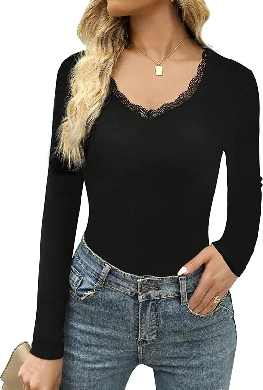 Haut Thermique Femme Col V en Dentelle Manches Longues Style Sport — Vetements ski