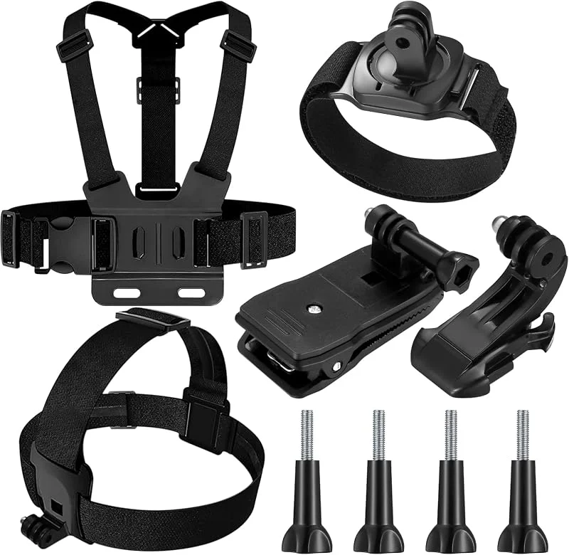 Fulushouxi Compatibile Con GoPro 9-en-1 Accessoires Kit, Harnais de Poitrine, Fixation Harnais Tete Bandeau, Fixation Poignet Clip Sac à Dos, Compatible avec Gopro Hero 9 8 7 6 5, SJCAM, Insta360 — Equipement ski