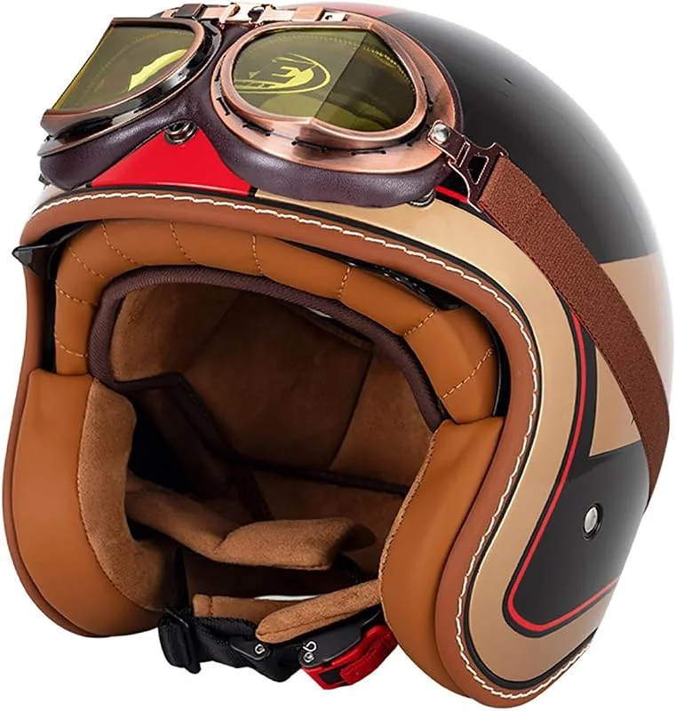 EBAYIN Casque De Moto Ouvert Vintage 3, 4 Jet, Casque Jet Homologué ECE, Casque De Protection for Hommes Et Femmes, Casque De Protection for Cyclomoteur Et Scooter avec Lunettes(F, XL=(61~62cm)) — Equipement ski