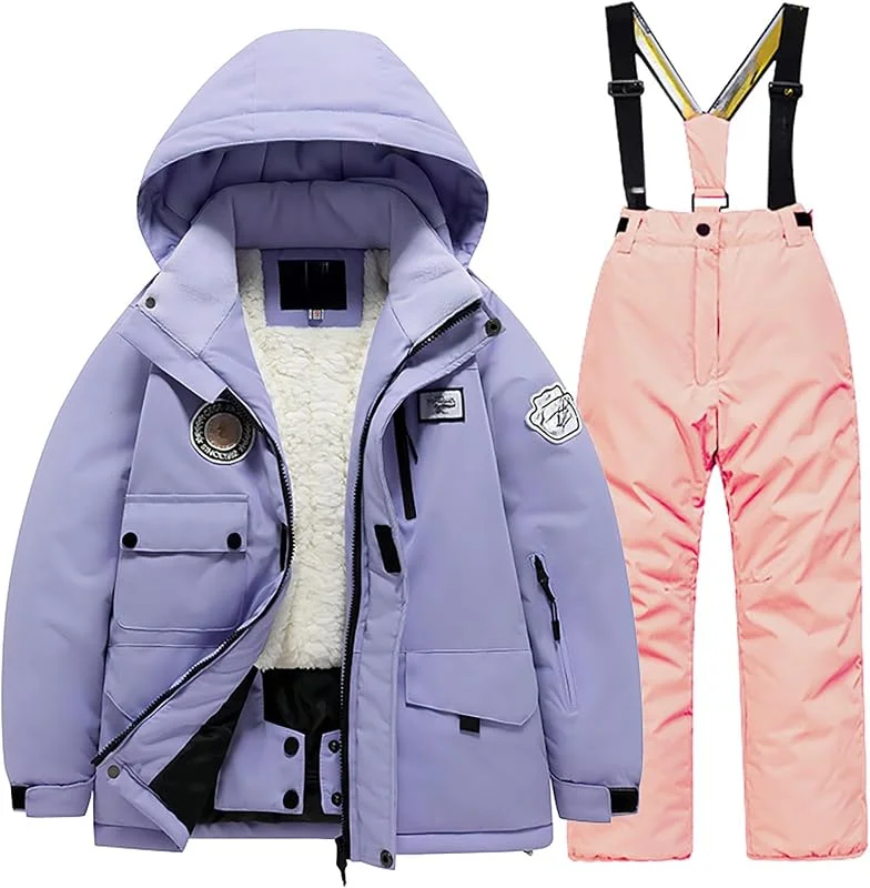 Combinaison de ski pour enfant - Ensemble veste et pantalon - Coupe-vent - Chaud - Unisexe, Rose, 10-12 ans — Vetements ski