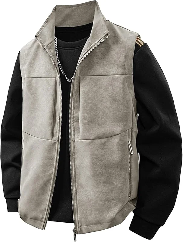 DGKaxiyaHM Gilet vintage en daim pour homme avec fermeture éclair intégrale et col montant - Pour l'automne et l'hiver - Veste sans manches en polyuréthane — Vetements ski