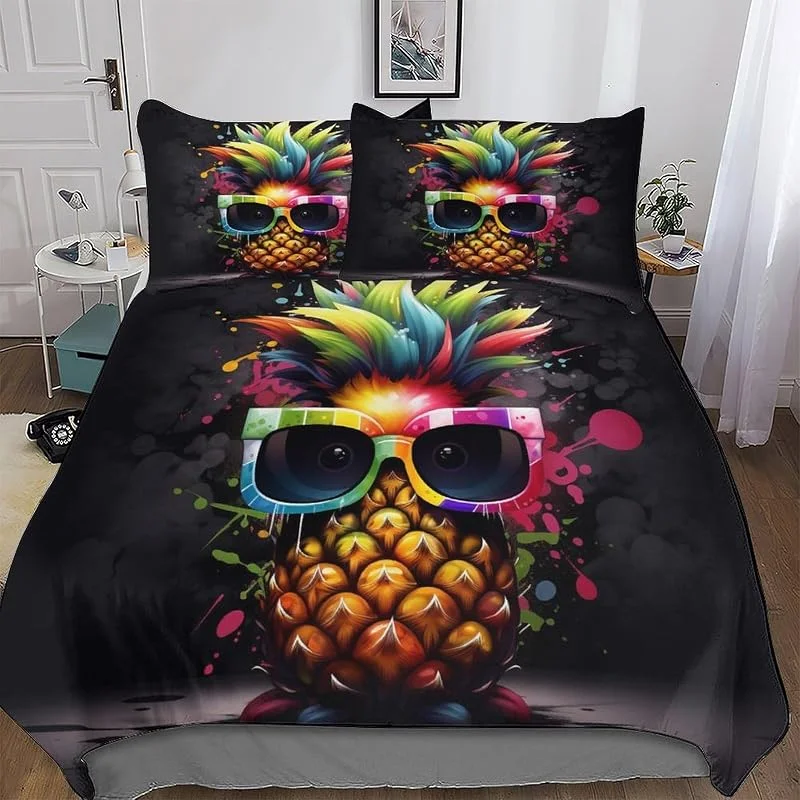 Ananas fruité Sets Housse De Couette avec Taies d'oreiller, Imprimé Microfibre Literie 3 Pièces Parure De Lit 3D Linge De Lit Double (200x200cm) — Equipement ski