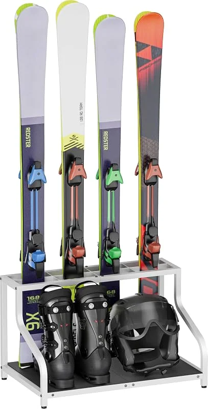 Mondazie Étagère de rangement de ski pour garage, support de ski autonome pour 4 paires de skis, bottes, casque, lunettes, support organisateur de snowboard intérieur pour la maison, abri de jardin — Equipement ski