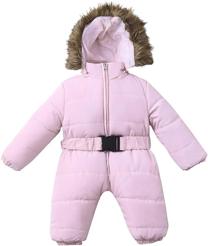 Combinaison De Neige Pour Bébé Fourrure Manteau Couleur Unie Avec Ceinture Vêtements De Neige Épais Rose 9-12 Mois Footed Combinaisons Chaud Barboteuse Jumpsuit Manteau Bebe Fille — Vetements ski