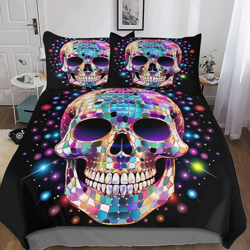 Crâne Motif Housse Couette 3 Pièces Housse De Couette Microfibre avec Fermeture Éclair avec Taie d'oreiller pour Enfants Adultes Ensemble De Literie Double (200x200cm) — Equipement ski