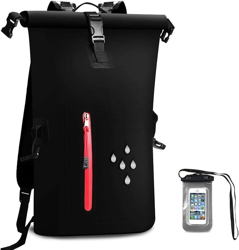 SCHITEC 25L Sac à Dos Imperméable de Sac, Sacs Etanches pour Activités de Plein Air et Sports Aquatiques Camping Nautique Kayak Pêche avec Une Pochette étanche de Téléphone(Noir) — Equipement ski