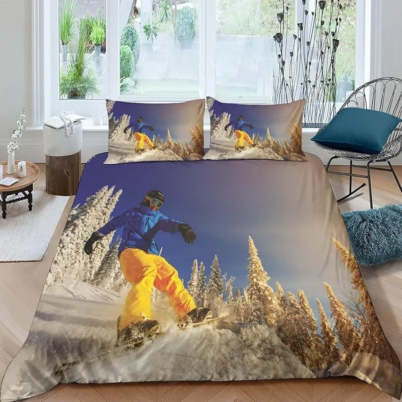 Housse De Couette 200X200 Cm Microfibre 1, 2 Personnes Parure De Lit 3D Ski Sports Extrêmes avec 2 Taies d'oreiller avec Fermeture Eclair pour Adulte Fille Garçon Couple - Facile À Entret -67153757658 — Equipement ski