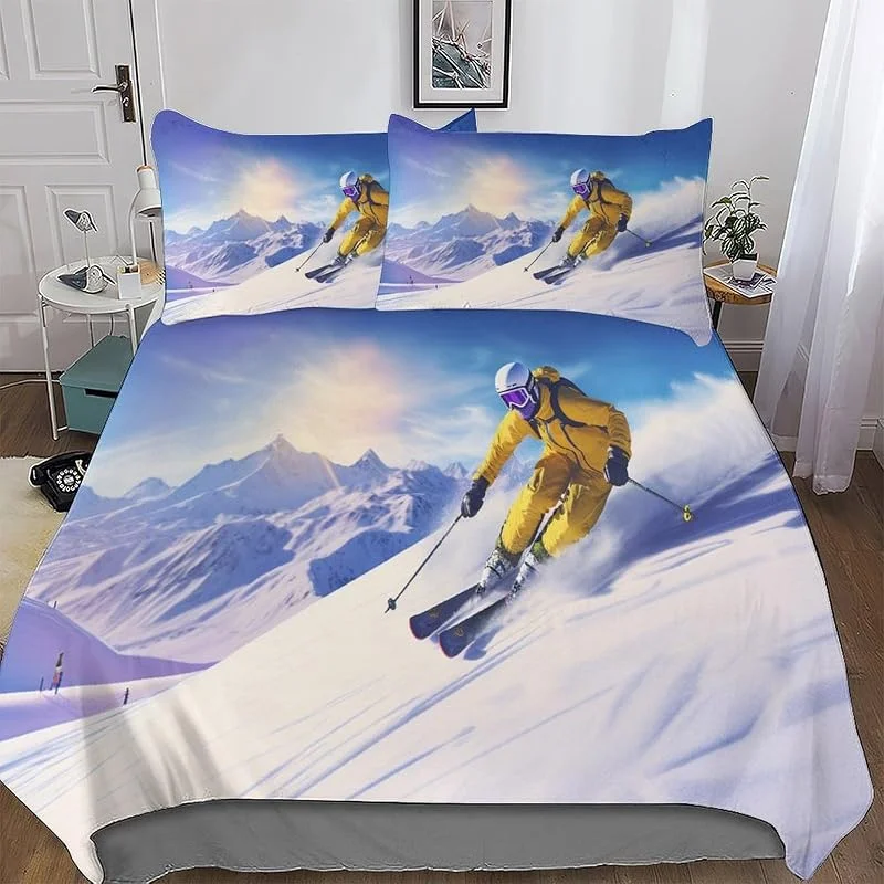 Ski de Montagne enneigé Parure De Lit Housse De Couette avec Taies d'oreiller 3 Pièces Housse Couette pour Adultes Enfants Double 200x200cm — Equipement ski