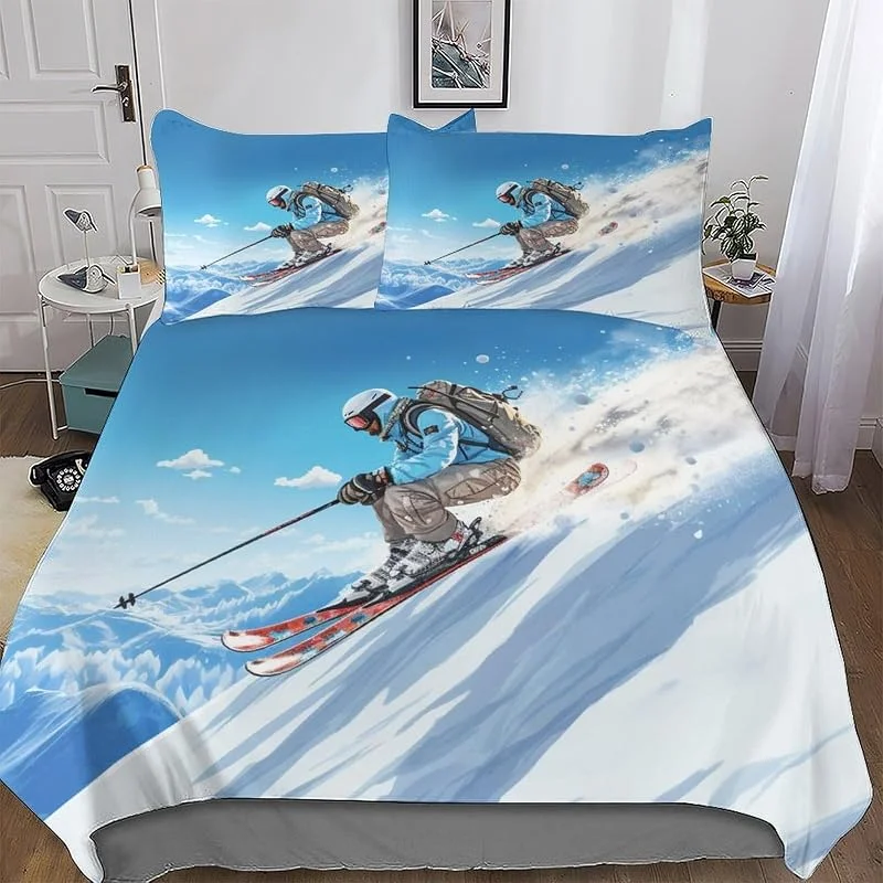 Snow Mountain Ski Housse Couette 3 Pièces Housse De Couette Microfibre avec Taie d'oreiller pour Enfants Adultes Ensemble De Literie Double (200x200cm) — Equipement ski