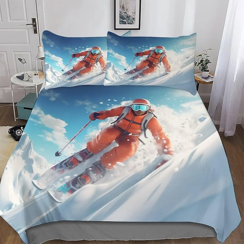 Snow Mountain Ski Housse De Couette pour Enfants Adultes Housse Couette Parure De Lit en Douce Microfibre 3 Pièces avec Taie d'oreiller Double (200x200cm) — Equipement ski