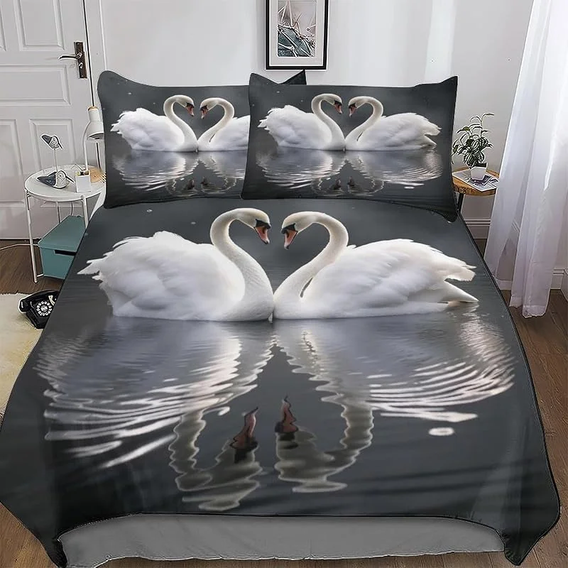 Cygne Parure De Lit Ensemble De Housse De Couette Fixé À 3 Pièces Housse Couette Ultra Doux Microfibre avec Taie d'oreiller pour Enfants Adultes Double (200x200cm) — Equipement ski