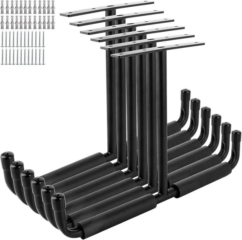 Lot de 6 Crochet Garage en métal, Rangement Plafond Garage pour charges lourdes - Pour vélo, bois, échelle, canne à pêche et équipements de sport tels que ski, planche de surf — Equipement ski