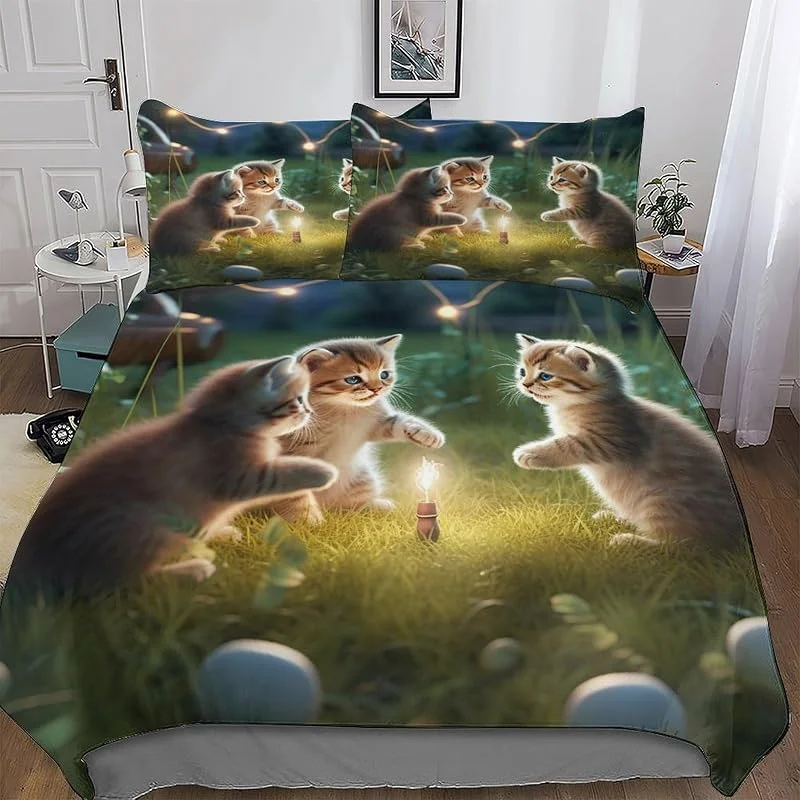 Animal Chat Housse De Couette pour Enfants Adultes Housse Couette Parure De Lit en Douce Microfibre avec Fermeture Éclair 3 Pièces avec Taie d'oreiller Double (200x200cm) — Equipement ski