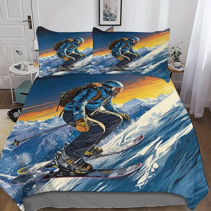Ski 3 Pièces Parure De Lit Adulte Enfants Housse De Couette avec Taies D'oreillers Housse De Couette Microfibre Douce avec Fermeture Éclair Double (200x200cm) — Equipement ski