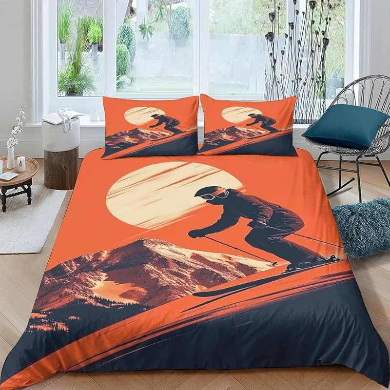 Parure De Lit Ski Sports Extrêmes Housse De Couette 155X220 Cm avec Fermeture Éclai, Ensemble De Literie pour Adulte Enfant avec Parure Couette + 2 Taie d'oreiller - Entretien Facile -222S197E780G — Equipement ski