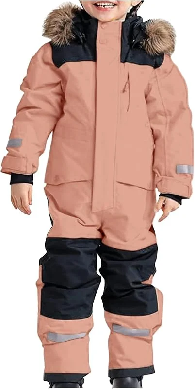 Générique Combinaison de Ski pour Enfants garçons Thermique vêtement Neige Hiver Vent Capuche Amovible Tenue extérieur activités Sportives (Rose Gold, 1-2 Years) — Vetements ski