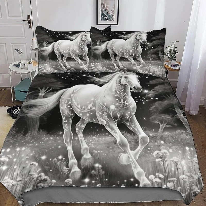 Cheval Parure De Lit De Microfibre Douce Confortable, pour Enfants Adultes Housse De Couette avec Taie d'oreiller Assortie Double (200x200cm) — Equipement ski