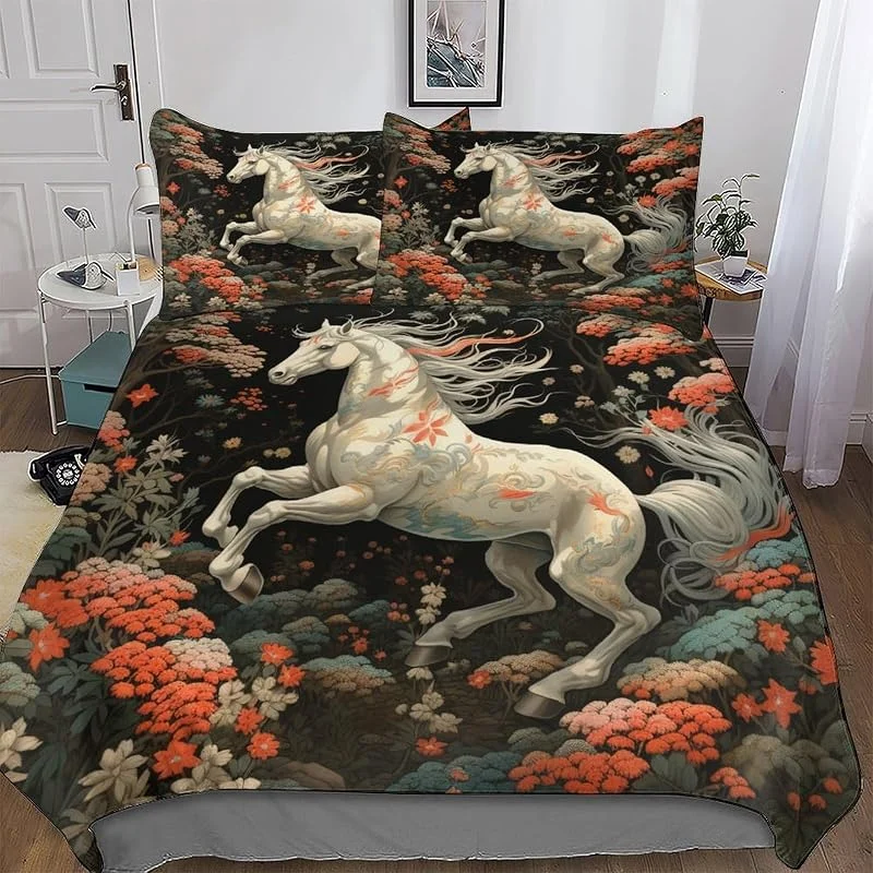 Cheval 3D Imprimé Housse De Couette Parure De Lit avec Taie d'oreiller Doux Et Confortable Sets De Housse Couette en Microfibre Fermeture avec Fermeture Éclair Double (200x200cm) — Equipement ski