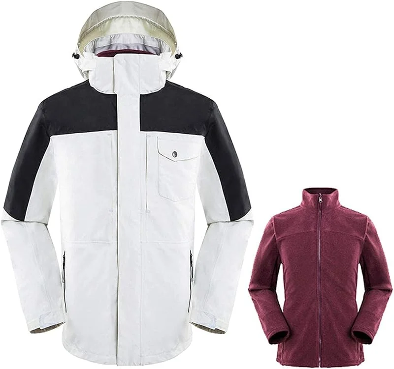 MU Veste de Ski D'Hiver de 3 En 1 Pour Hommes de Snowboard de Snowboard À L'Eau Extérieure Avec Manteau de Molleton Chaud Intérieur, Coupe-Vent Respirant Épissé Avec Capuche Détachable À Capuche, White — Vetements ski