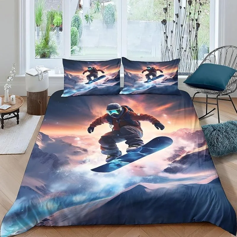 Housse De Couette Fille Garcon 3D Ski Sports Extrêmes Parure De Lit 1, 2 Personne 200X200 Cm Douce Microfibre Literie 3 Pièces avec Fermeture Éclair Et 2 Taies d'oreiller - Confortable -2947229123189 — Equipement ski