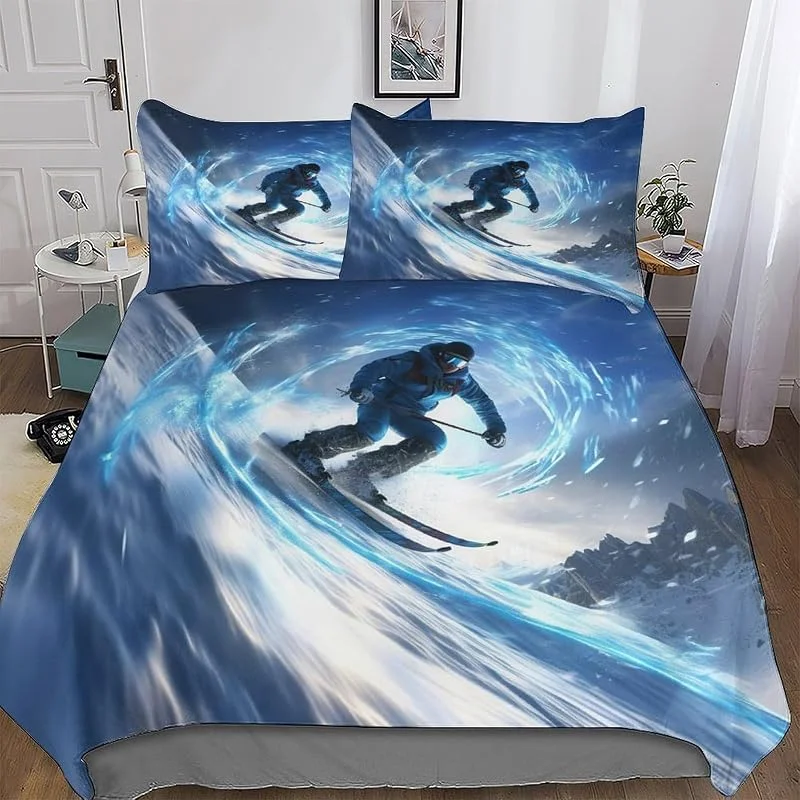 Ski Housse De Couette, Parure De Lit pour Enfant Adultes Motif 3D 3 Pièces avec Taie-Facile d'entretien Anti-Allergic Douce Microfibre Housse Couette Double (200x200cm) — Equipement ski