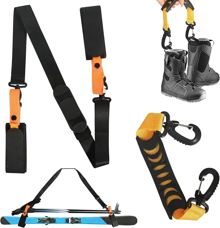 DELAESI Lot de 2 sangles de transport de ski antidérapantes pour skis et bâtons - Bretelles réglables - Accessoires de ski - Porte-skis antidérapants pour bottes et bâtons de ski — Equipement ski