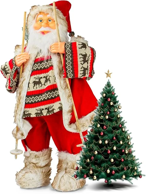 Avilia Décorations de Noël Père Noël Rouge avec Sac Cadeau et Ski 80 cm – Idéal pour décorer la Maison, Le Bureau ou Les magasins pour l'intérieur et l'extérieur – Matériaux résistants et durables — Equipement ski