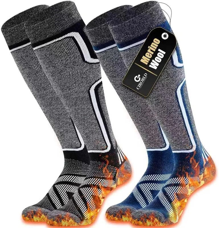 Cirorld Lot de 2 paires de chaussettes de ski en laine mérinos pour homme et femme - Chaussettes hautes pour l'hiver - Chaussettes de ski thermiques — Vetements ski