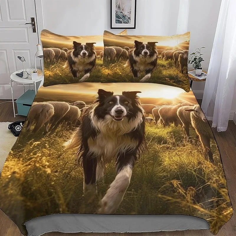 Border Collie Impression Parures De Lit pour Enfants Adultes Housse De Couette Polyester Microfibre Coton 3 Pièces Housse De Couette Et Taies D’Oreillers Double (200x200cm) — Equipement ski