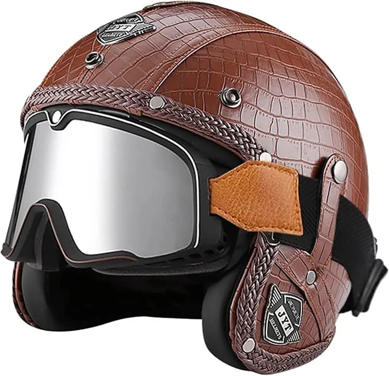 EBAYIN Vintage Casque De Moto Demi-Casque 3, 4 Jet Demi-Coque avec Lunettes Homme Femme Casque De Protection Homologué ECE Casque De Scooter(I, M=(57~58cm)) — Equipement ski