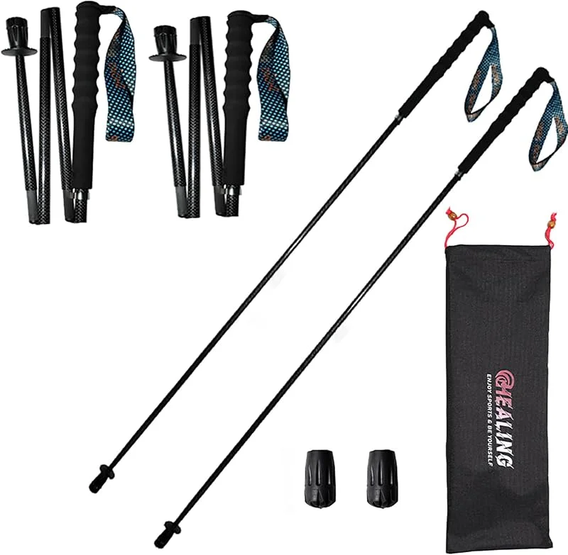 OKHEALING Lot de 2 bâtons de randonnée ultralégers pliables en fibre de carbone avec poignée anti-humidité et sac de rangement — Equipement ski