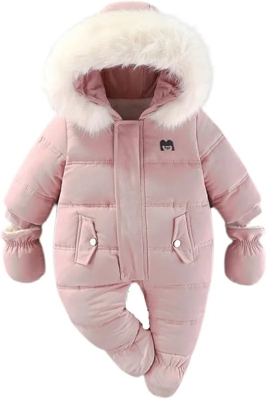 Bébé Hiver Combinaison de Ski Enfant toison Barboteuse Encapuchonné Jumpsuit Nourrisson Garçons Filles Chaud Fermeture éclair Vêtements D'Extérieur avec Gants Rose 9-12 Mois — Vetements ski