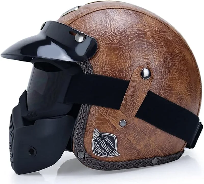 EBAYIN Casque Jet Moto Casque Ouvert Dot homologué ECE Demi-Casque Casque Crash Homme Casque Cuir 3, 4 Casque Cruiser Chopper Scooter avec visière, H-S=(55~56cm) — Equipement ski
