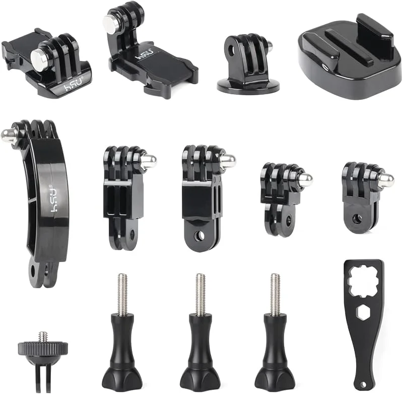 HSU Kit de Fixation Go Pro, Clips de Libération Rapide, Bras d'Extension, Support de Trépied, Adaptateur 1, 4 et Vis pour Caméras d'action(14 en 1) — Equipement ski