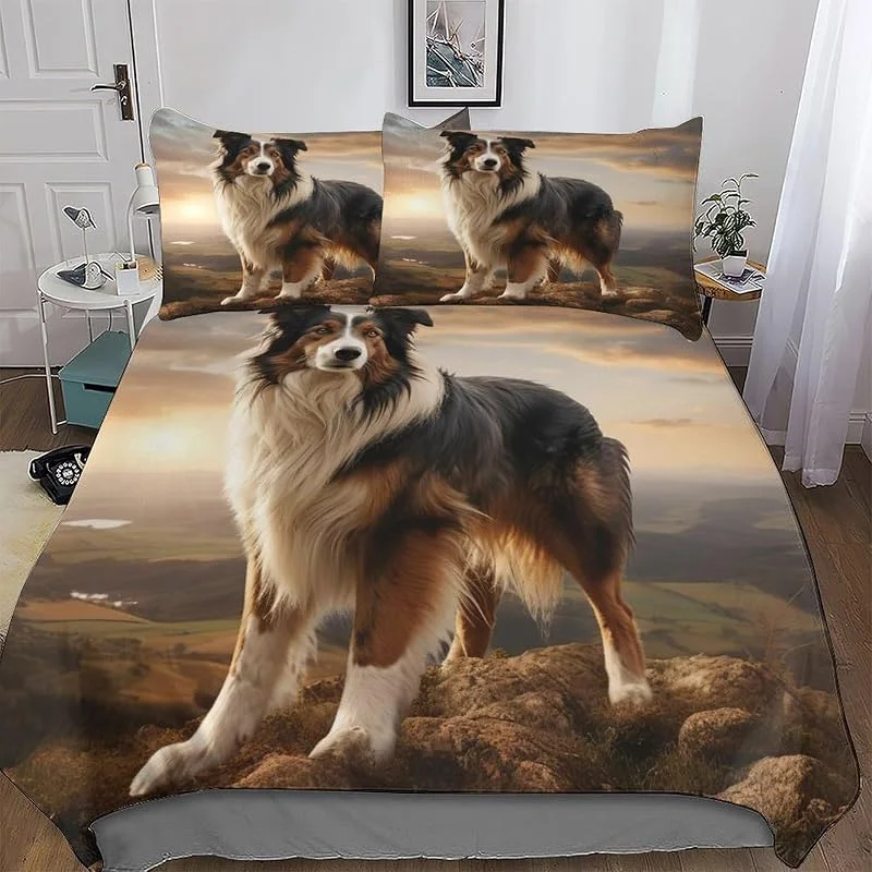 Border Collie Parure De Lit 3 Pièces Motif Impression 3D Housse De Couette en Microfibre Hypoallergique avec Fermeture Éclair pour Enfants Et Adolescents Double (200x200cm) — Equipement ski