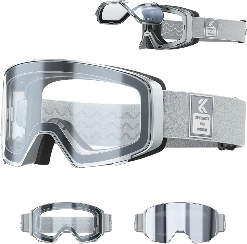 KAPVOE Masque de Ski avec Lentilles Photochromiques & Colorées - Lentille Magnétique à Basculement Anti-Buée UV400 OTG - Compatible avec Casque Hommes Femmes K724 — Equipement ski