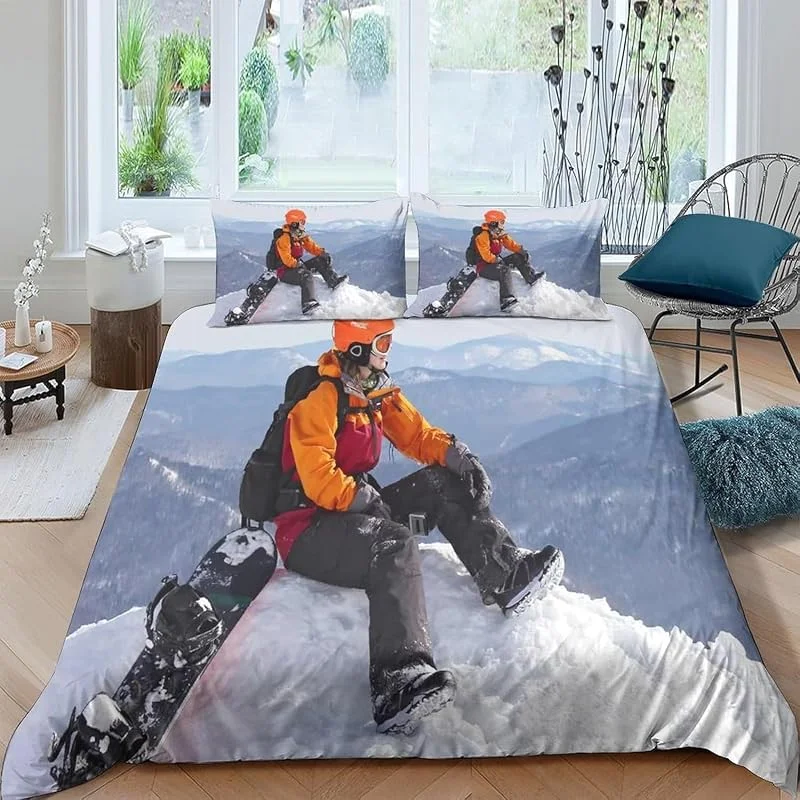 Housse De Couette 155X220 Cm Ski Sports Extrêmes, Parure De Lit 1, 2 Personnes Imprimée 3D Microfibre, 2 Taies d'oreiller avec Fermeture Éclair - Anti-Allergie Entretien Facile -713E306T065I — Equipement ski